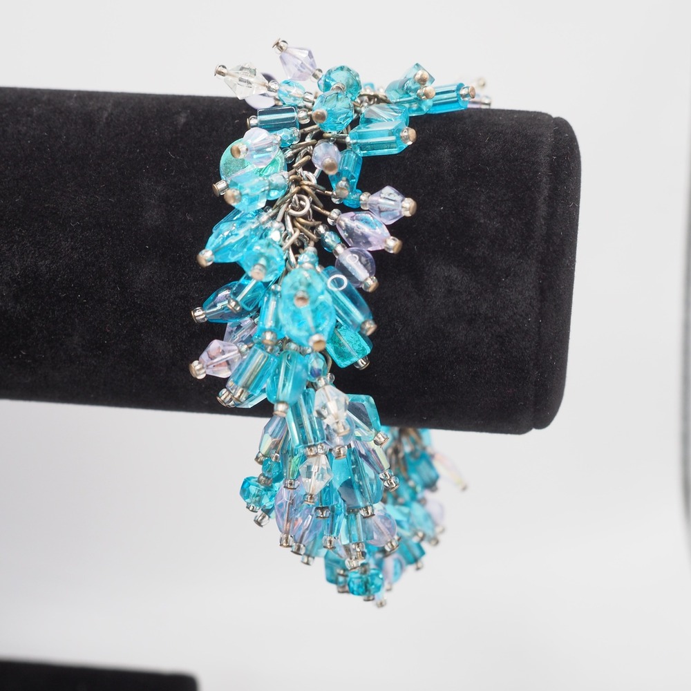 Artisan Cluster Bracelet Dangle Beads Blue Fringe Silver Tone Chunky Handmade